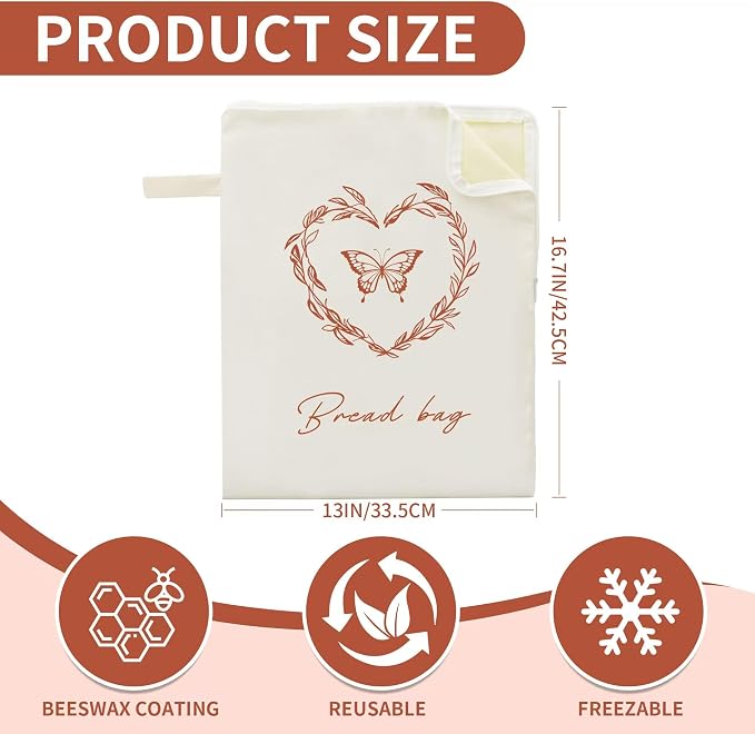 2 Pack Beeswax Bread Bags for Sourdough Homemade Bread with Zipper,Reusable Bread Bag Food Storage,Organic Cotton Linen Natural Material Fresh-Keeping Bag