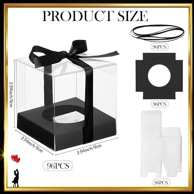 96 Pieces Individual Cupcake Boxes Single Cupcake Container Clear Cupcake Carrier Plastic Cupcake Storage Cupcake Holder with Ribbon and Insert for Wedding Birthday Party Favor, 3.5 x 3.5 x 3.5(Black)