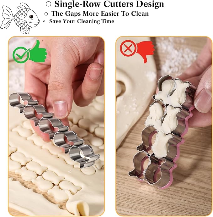 Goldfish Cracker Cutters 2 PCS, Mini Cookie Cutters 304 Stainless Steel Food Safe Grade, Single-Row Goldfish Cutters Designed, Come with Cleaning Brush, Easy To Clean (2)