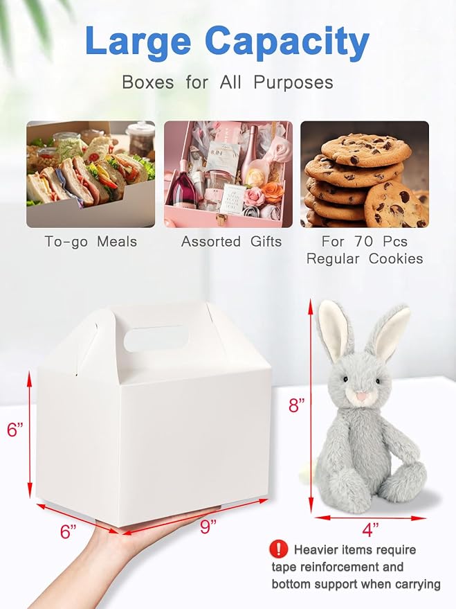Shallive 50 Pcs Large Treat Boxes 9x6x6 Inch White Gable Gift Boxes with Handle Lunch Boxes Recycled Paper Bags Take Out Cookie Boxes Welcome Boxes Candy Bags For Wedding Birthday Party Supplies