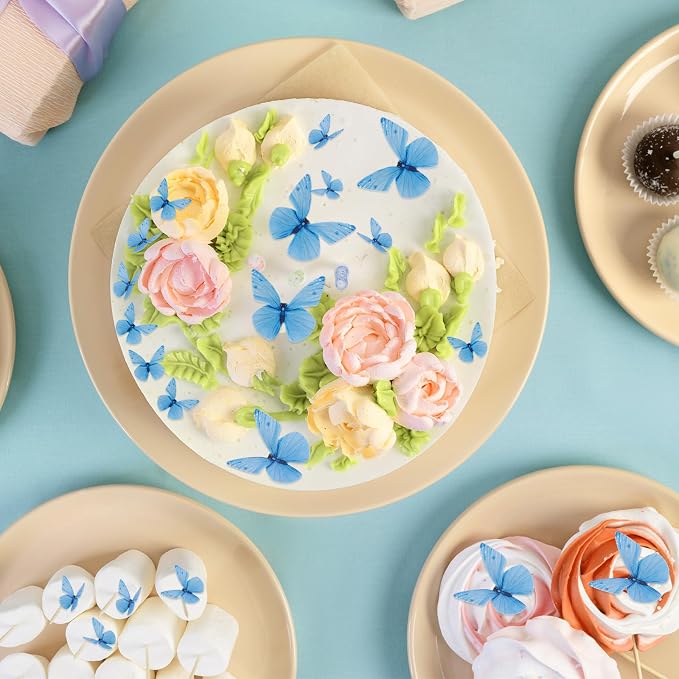 72PCS Edible Butterfly Cake Decorations Edible Butterfly Cake Topper Edibles Blue Paper Butterflies Cupcake Toppers for Wedding Spring Tea Party Flower & Butterflies Themed Birthday Baby Shower