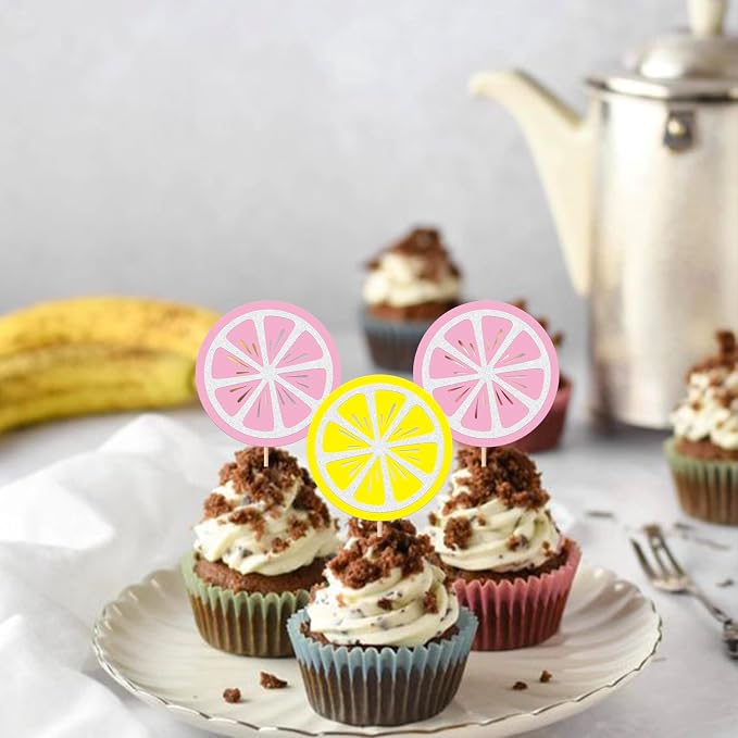 Rsstarxi 24 Pack Lemon Cupcake Toppers Glitter Fruit Theme Lemonade Cupcake Picks for Lemon Theme Baby Shower Boys Girls Birthday Main Squeeze Party Cake Decorations Supplies