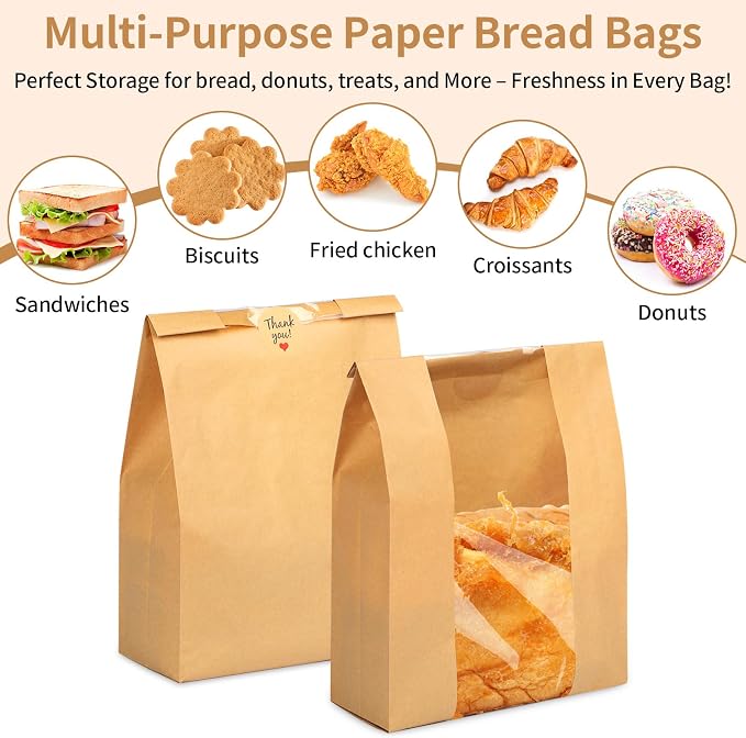 30 Pcs Bread Bags for Homemade Bread, 13.7 x 8.3 x 3.5 Inch Large Sourdough Kraft Paper Bakery Bags with Clear Window, Includes 30 Sealing Stickers for Storing Loaves & Snacks