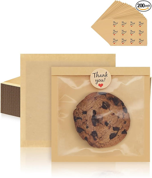 FireKylin 200 Pack Cookie Bags with Heat Sealing, 5.7 x 6.5 Inch Bakery Bags with Window, Grease Resistant Cookie Packing for Treats, Baked Goods, Bagel, Cake Slice, Sandwich (5.7"x6.5"-200pcs)