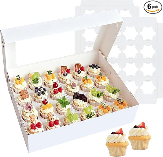 6 Pack White Mini Cupcake Boxes Holder for 24 Cupcakes, Food Grade Dessert Muffins Box Containers with Window and Inserts for Birthday Holiday Party Bakery Supplies
