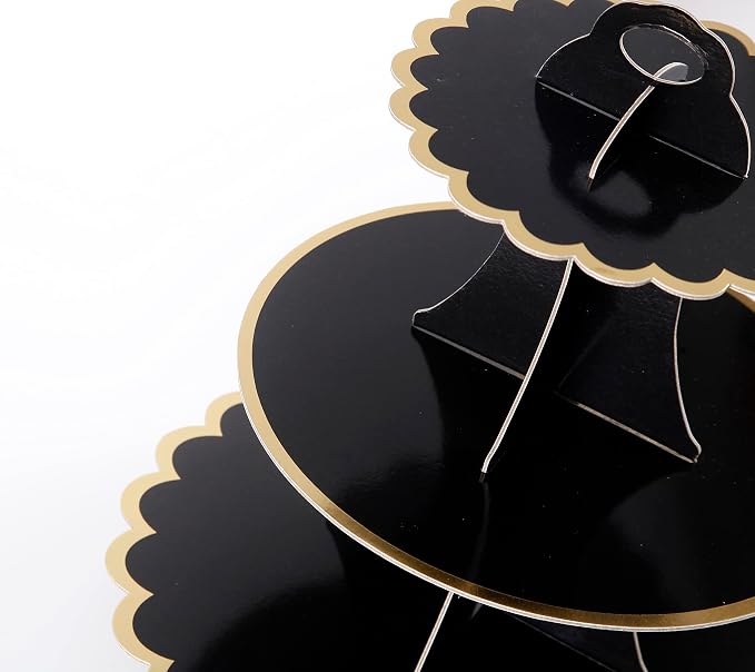 YLDW Cupcake Stand with Lace Trim, 3-Tier Cupcake Stand Display, Cardboard Cup Cake Tower Stand, Disposable Dessert Stand for Birthday Tea Party Baby Shower Treat Decorations, Black