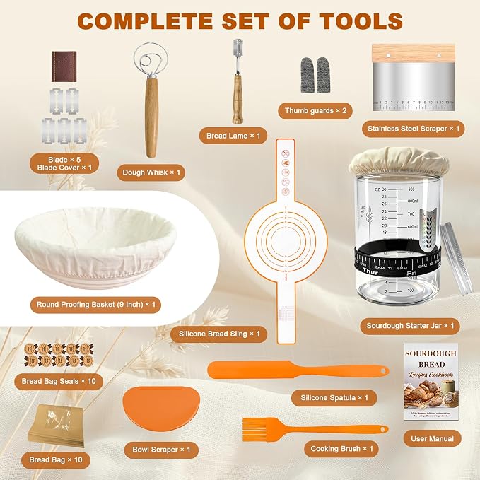 Complete Sourdough Starter Kit, Sourdough Bread Baking Supplies, Bread Proofing Basket with Glass Sourdough Starter Jar, Beginner Sour Dough Bread Making Tools Kit Gifts for Bakers Women Mom