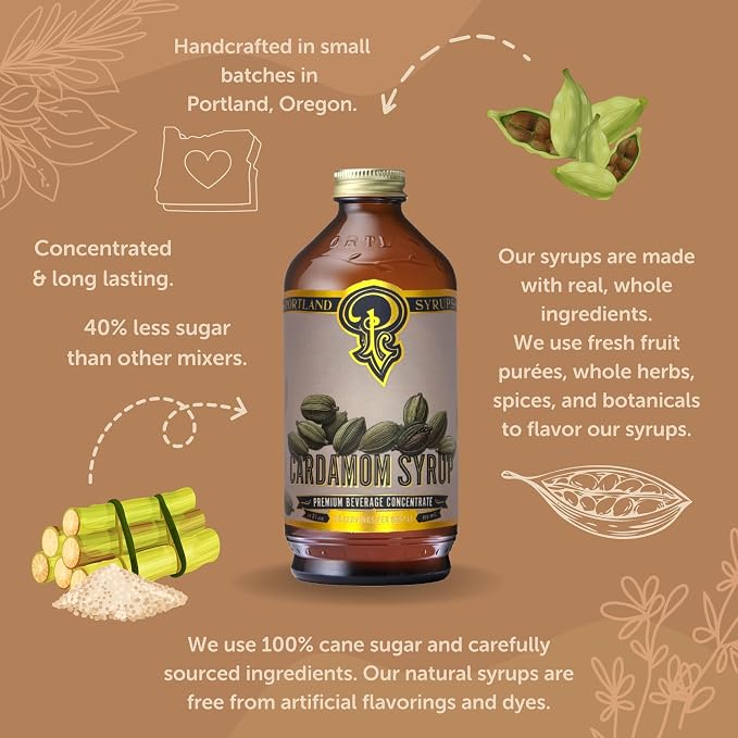 Portland Syrups Cardamom Syrup – Flavoring for Coffee, Lattes, Cold Brew, Macchiatos, Cocktails, & Desserts – Ideal for Drinks & Adding a Flavor to Any Beverage – 12 oz, 24 servings (Pack of 1)