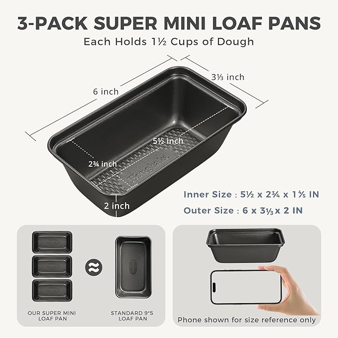 HONGBAKE 3 Pack Nonstick Mini Loaf Pans, 6 x 3.3 x 2 Inch Small Bread Pans for Homemade Bread, Tiny Banana Baking Tins with Diamond Texture, Non-toxic Mini Meatloaf Pans Set, Dark Gray