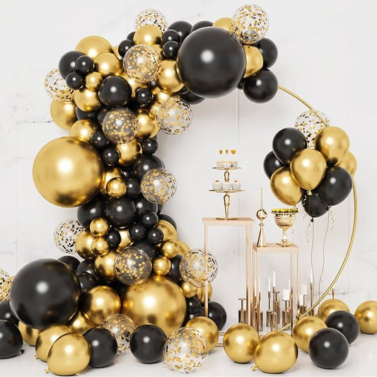 RUBFAC 130pcs Black and Gold Balloons, Black Metal Gold and Metallic Confetti Gold Balloons for 2026 New Year Graduation Class Decorations Retirement Party Baby Shower Wedding Birthday Anniversary