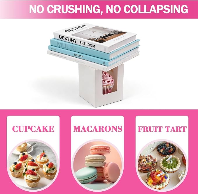 100 Pack Individual Cupcake Boxes, Single Cupcake Containers with Window, Inserts and Handle, White Cupcake Boxes for Muffins, Cupcakes, Donuts, 3.6 x 3.6 x 4.3 Inch
