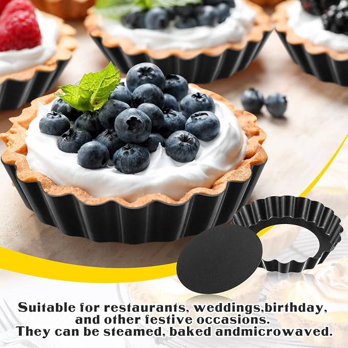 Uiifan 32 Pcs Mini Tart Pans, 3 Inch Nonstick Egg Tart Molds with Removable Bottom, Round Fluted Quiche Pan for Pie, Mousse Cake, Cheesecake, Dessert Baking, Black Gray
