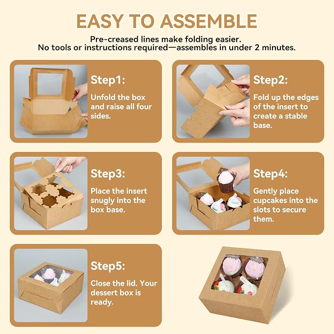 50-Set Cupcake Boxes Bulk with Clear Display Window Hold 4 Standard Cupcakes, Disposable Food Grade Brown Cupcake Carrier Cupcake Container, Perfect for Cupcakes Muffins Cookies Pastries