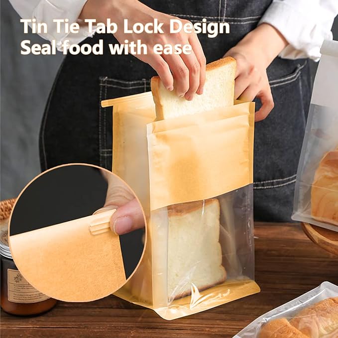 Heavy Duty Paper Bread Bags with Tin Tie Tab Lock 100PCS, Loaf Bag with Clear Front Window, Storage Packaging Treat Bag for Bakery Cafe Homemade Bread 10.2" × 5.1" × 6.3"