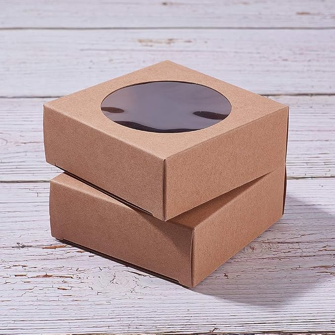 BENECREAT 24 Packs Brown Kraft Square Paper Boxes Gift Wrapping Box with Round Clear Window 4x4x0.9 for Party Favor Treats, Jewelry, Gift Packaging