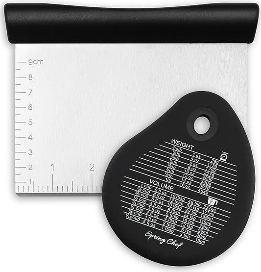 Spring Chef Dough Bench Scraper for Baking with Markings - Stainless Steel Kitchen Dough Cutter Tool with Bowl Pastry Scraper for Pizza, Bread, Pastries - Bench Knife - Dishwasher Safe - Black