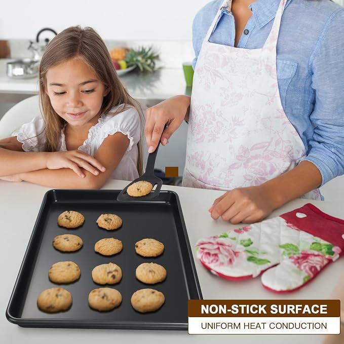 Baking Sheet Pan Set of 3, Nonstick Commercial Cookie Sheets for Baking | Half/Quarter/Jelly Roll Pans Replacement Toaster Oven Tray, Heavy Duty & Easy Clean, Dark Black