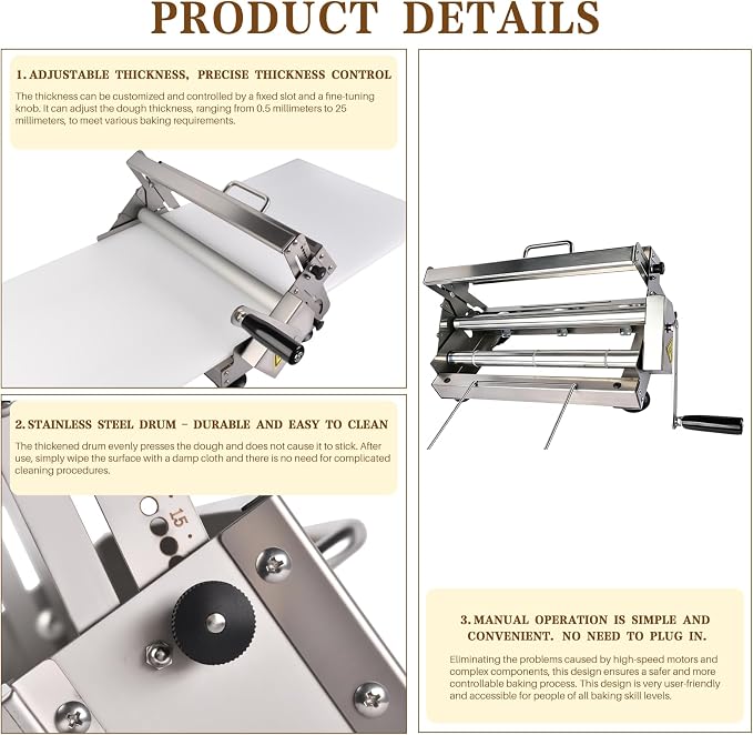 40.9''x15.5" Manual Dough Sheeter with Stainless Steel Roller Foldable Design, Adjustable Thickness Dough Roller Machine for Croissants, Pizza, Pastry, Pie Crust and Baking