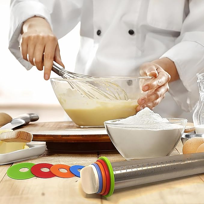 17" Adjustable Rolling Pin with 4 Sets Thickness Rings, Stainless Steel Dough Roller Pin for Pizzas, Pies, Biscuits, Dumplings, Pasta - Easy to Clean