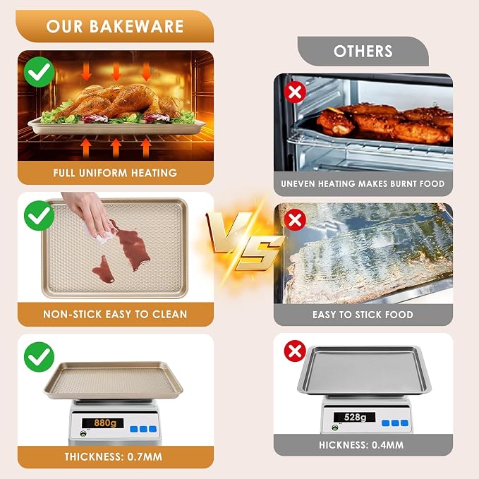 Baking Sheet Pan Set of 3, Nonstick Carbon Steel Cookie Sheets with Texture | Commercial Half/Quarter/Jelly Roll Pans Replacement Toaster Oven Tray, Heavy Duty & Easy Clean, Champagne Gold