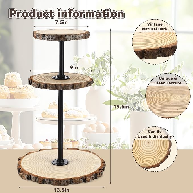 Chunful Rustic 3 Tier Round Natural Wood Cupcake Dessert Stand, Cup Cake Tower Stand Holder, Wooden Cake Display Tiered Centerpiece for Party, Birthday, Wedding, Baby Shower, Holiday Decoration