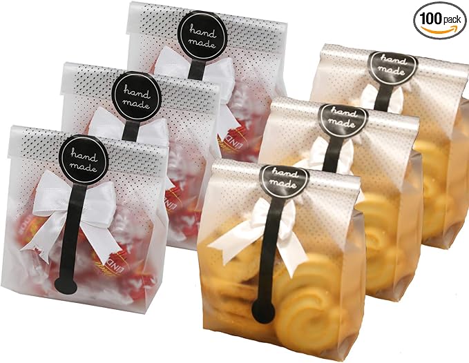SAILING-GO 100 pcs./Pack Translucent Plastic Bags for Cookie,Cake,Chocolate,Candy,Snack Wrapping Good for Bakery Party with Stickers