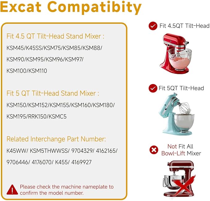 K45WW Whisk Attachment for 4.5 5 QT KitchenAid Tilt-Head Stand Mixer, 6 Wire Whip Compatible with Kitchen Aid accessories，Holeless Hub Design, 30% Faster Mixing, Dishwasher Safe