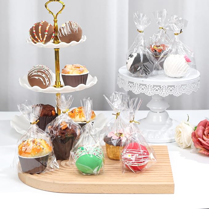 NEKSUNBAK 200Pack 6x7 Cellophane Cupcake Bags with Gold Twist Ties, Flat Bottom–Food Safe Bakery Packaging for Muffins, Chocolate Bombs, Cookies&Macarons–Perfect for Party Favors&Holiday