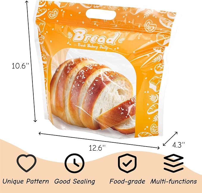100 Pieces Plastic Bread Bags, 12.6'' x 10.6'' x 4.3'' Zippered Sourdough Bag with Clear Window Handle, Reusable Bakery Fresh Keeper Toast Packaging Holder for Homemade Bread, Cookies