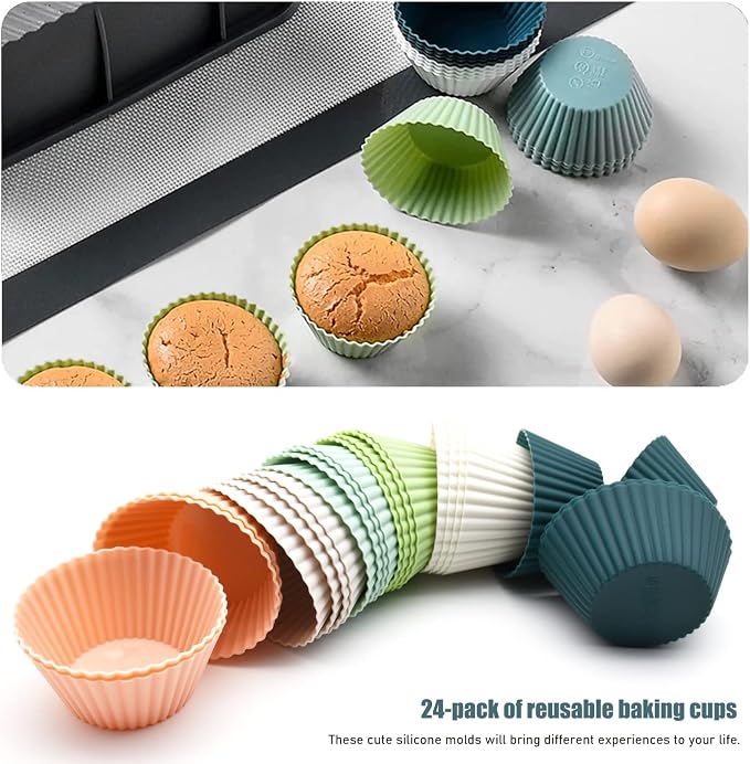 Reusable Silicone Cupcake Baking Cups 24 Pack, 2.75 inch Silicone Baking Cups, Non-stick Muffin Cupcake Liners for Party Halloween Christmas, Easy Clean Pastry Muffin Molds（Multicolor）