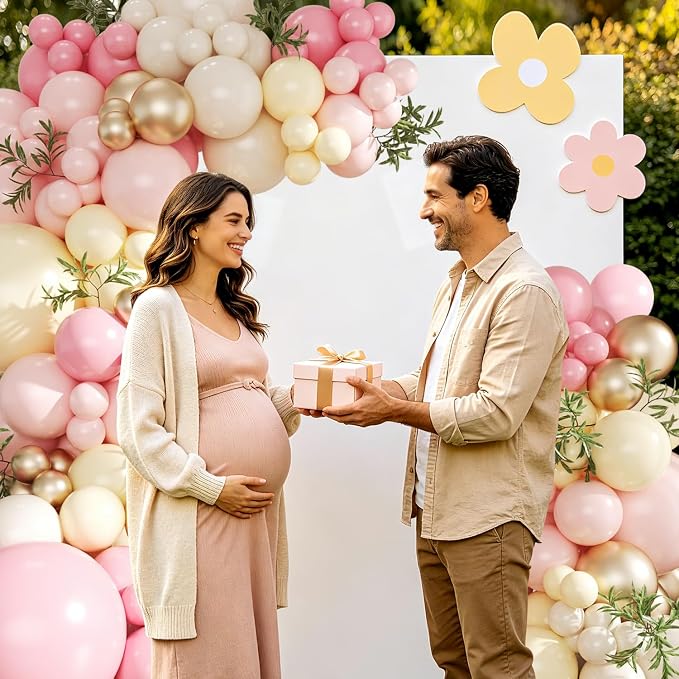 Pink and Yellow Balloon Arch Kit 124Pcs Pastel Light Pink Yellow Sand White Gold Balloons for Bee Theme Baby Shower Wedding Bridal Shower Birthday Party Decorations