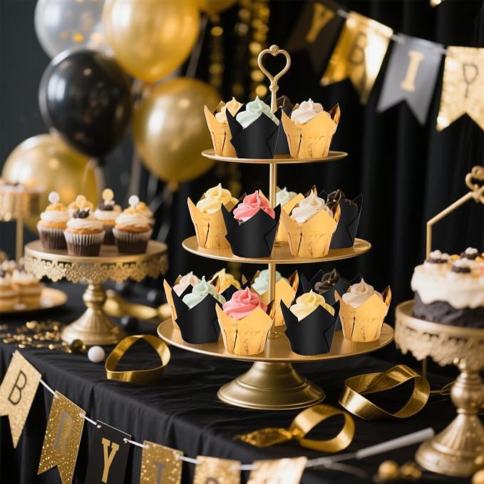 Augshy Muffin Liners, 120 Pcs Black Gold Tulip Cupcake Wrappers for Baking | Greaseproof Paper Muffin Wrappers Holders, Cake Dessert Decorations, Graduation Wedding Birthday New Year Party Supplies