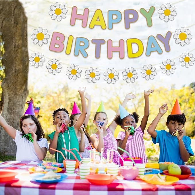 Zwiebeco Macaron Daisy Flower Happy Birthday Party Decoration Sign Banner Bunting Garland Hanging Paper Kit for Kids Adults Groovy Hippie Theme Accessories Supplies