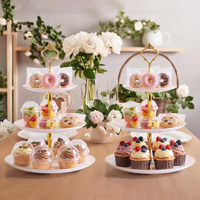Teenyyou 8 Pack 3 Tier Cupcake Stand Bulk Tiered Dessert Stand Thick Plastic Serving Tray with Gold Edges Dessert Table Display Set Tea Cake Holder for Wedding Birthday Party(White Gold,Crown Shaped)