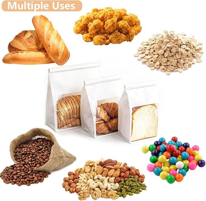 Heavy Duty Large Paper Bread Bags with Tin Tie Tab Lock 50pcs, Loaf Bag with Clear Front Window, Storage Packaging Treat Bag for Bakery Cafe Homemade Bread 10.6” × 4.3” × 8.7” - White