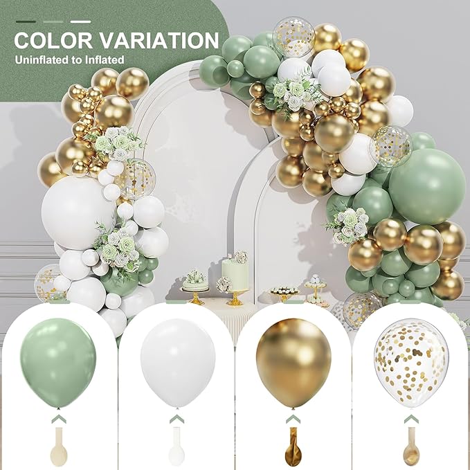 Sage Green White Gold Balloon Garland Arch Kit 156 Pcs Different Sizes 18 12 10 5 Inch Green Latex Metallic Confetti Balloons for Birthday Baby Shower Gender Reveal Wedding Safari Forest Decorations