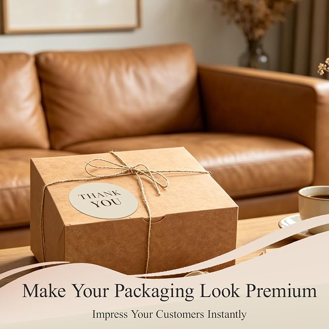 500PCS Thank You Stickers Roll, 1.5 Inch Round Self-Adhesive Labels for Small Business Packaging, Wedding Favors, Gift Boxes & Envelopes, Beige