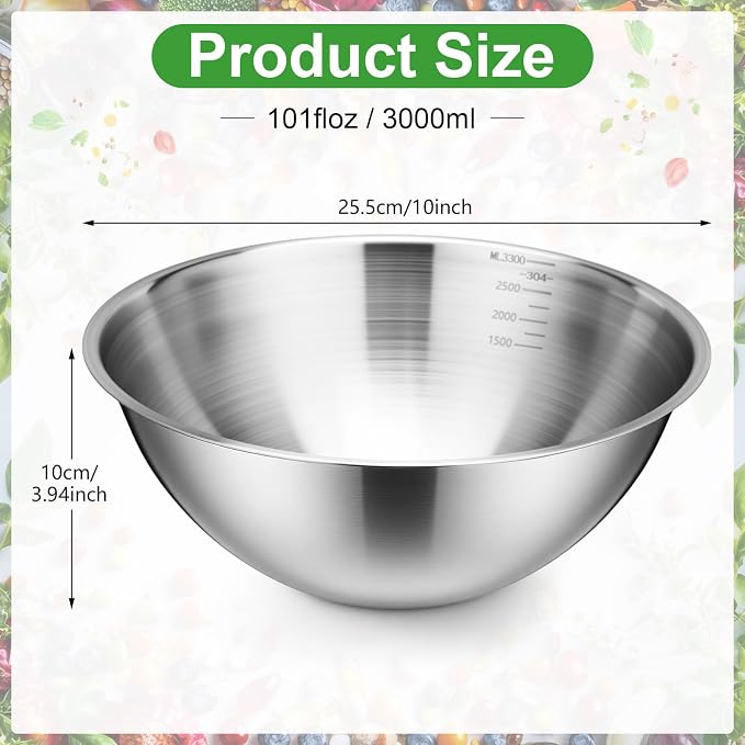 Honeydak 6 Pcs 304 Stainless Steel Mixing Bowls with Graduations, Salad Bowls Metal Serving Reusable Baking Food Storage Containers for Baking Cooking Salads Soups Ice Cream Noodles (101 oz)