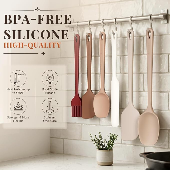 Astercook 6-Piece Silicone Spatula Set, 560°F Heat Resistant Rubber Spatulas with Stainless Steel Core, Nonstick Safe & Dishwasher Safe Baking Spatula Set for Cooking & Mixing, Macaron Pastel Colors