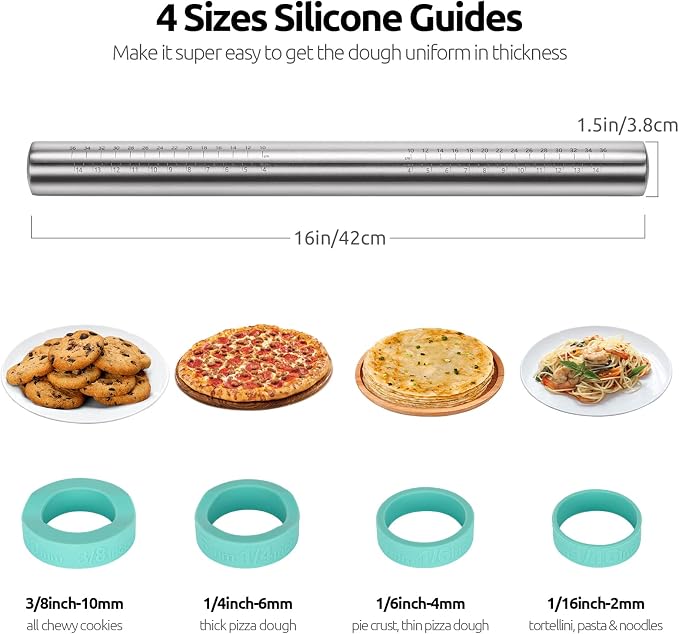 U-Taste 18/8 Stainless Steel 16 inch Adjustable Rolling Pin with Silicone Removable Thickness Rings, and 20inx16in Large Silicone Pastry Mat Food-Grade Non-Stick Dough Rolling Mat (Aqua Sky+Transparen
