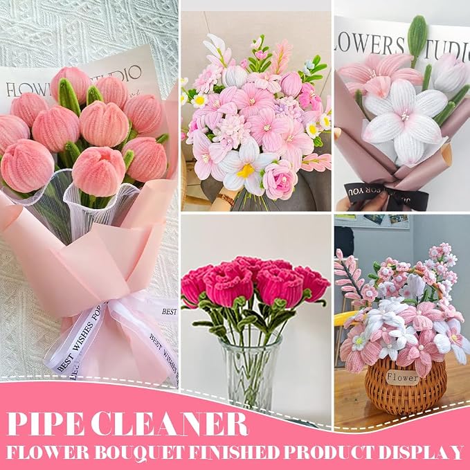 AHAMETON 620Pcs Pastel Pink Pipe Cleaner Flower Kit, 6 Colors Bulk Pipe Cleaners Craft Supplies with Wires, Stamens, Ribbon, Tapes, Card, DIY Flower Making for Gifts Home Decor, Party & School Crafts