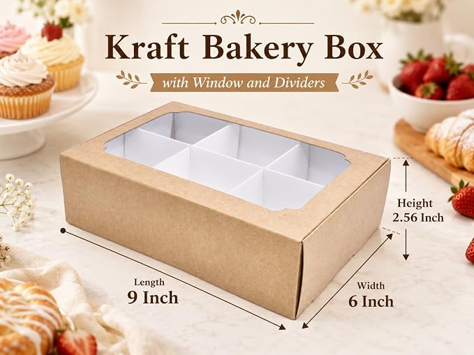 Zealax Kraft Bakery Boxes with Window and Dividers Cookie Packaging Small Treats for Gift Giving, Macaron Boxes Treat Boxes for Mini Cupcakes, Chocolate Covered Strawberries, 10 Pack, 9x6x2.5 Inch