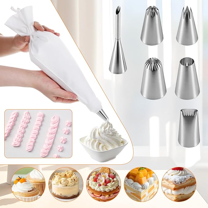 Pastry Bags and Tips 9 PCS Reusable Piping Bags and Tips Set with Coupler, 16" Large Pastry Bag, Stainless Steel Nozzles and Cleaner for Cake Decorating, Baking Supplies