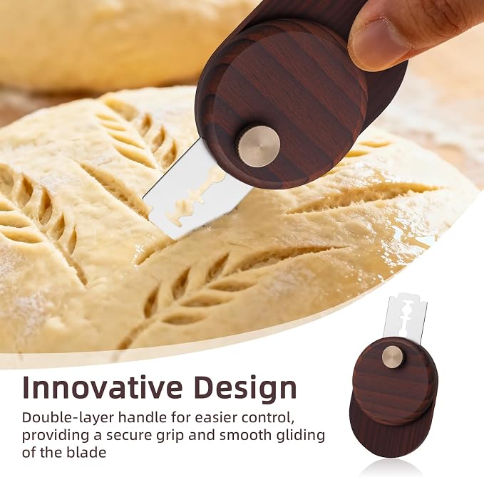 Penitue Bread Lame Slashing Cutter, 6.4x4.6cm/2.52x1.81in Round Sourdough Scoring Tool with 10 Knife Razor Blades and Instruction Manual, Dough Bread Scorer Baking Making Supplies Accessories(Brown)