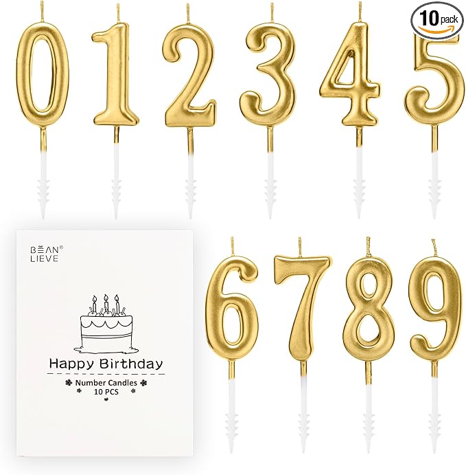 Beanlieve 10-Pieces Numeral Birthday Candles - Cake Numeric Candles Number 0 1 2 3 4 5 6 7 8 9,Used for Cake Decoration on Birthday Parties and Wedding Anniversary Celebrations(Champagne Gold)