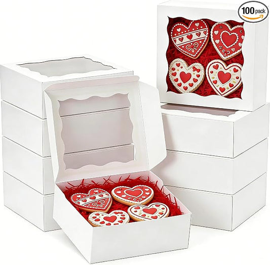 XINHPKGG 100pcs 5x5x2.5 Inch Cookie Boxes with window Bakery Boxes Dessert Treat Box Chocolate Covered Strawberries Box for Wedding Party Birthday