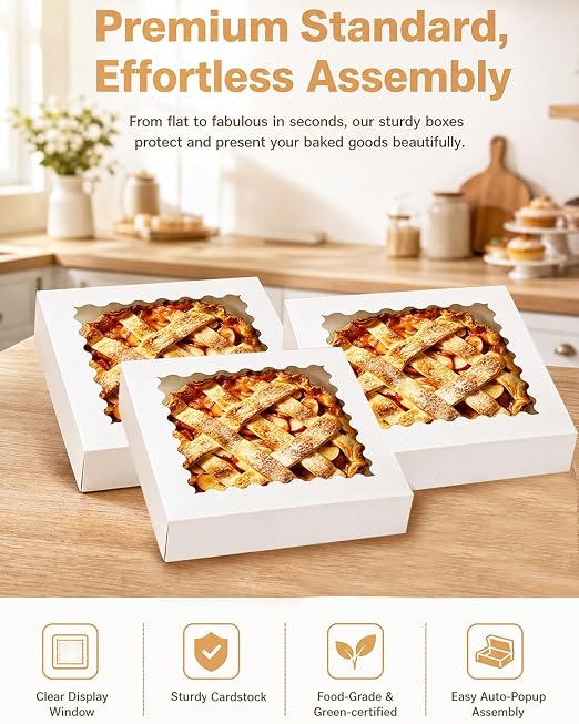 Bakepacker 120pcs White Pie Boxes 12"x 12"x 3" Easy Assemble Macaroon Cookie Boxes Bakery Boxes with Window for Bakery (Auto-pop Up)