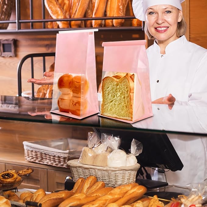 50 Pack Bakery Bags with Window - Reusable Cookie Bags With Seal Can Stand Upright Cookie Packaging Bag With Tin Tie Tab Lock Kraft Paper Bread Bags For Pastry,Donuts,Popcorns,Snacks