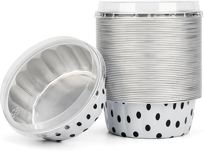 Beasea Disposable Ramekins with Lids, 8oz 50 Pack Black Dot in White Aluminum Foil Cups Disposable Creme Brulee Muffin Cupcake Baking Cup Mini Pudding Cups for Party Wedding Birthday