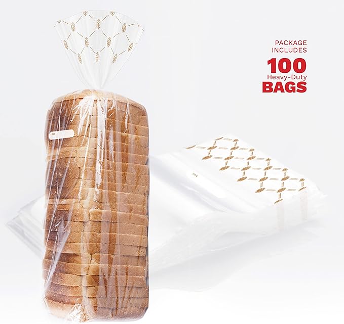 Bread Bags (100 Count) - Clear Plastic Bread Bags with Twist Ties for Sandwich, Loaf, Sourdough, Pastries, Muffins, and Baked Goods with Date Tab for Tracking Freshness, BPA Free